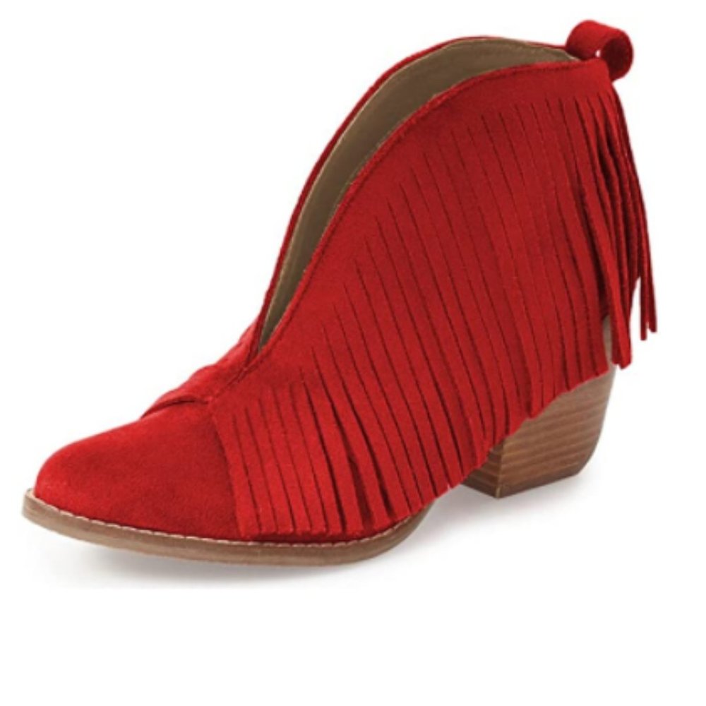 YDN Red Round Toe Tassels Block Heel Suede Ankle Boots